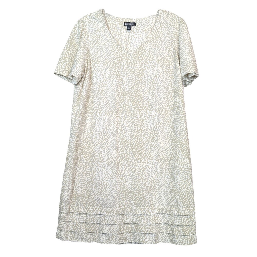 Nicole Miller Women's Size LARGE Linen Blend Short Sleeve Mini Dress Taupe White